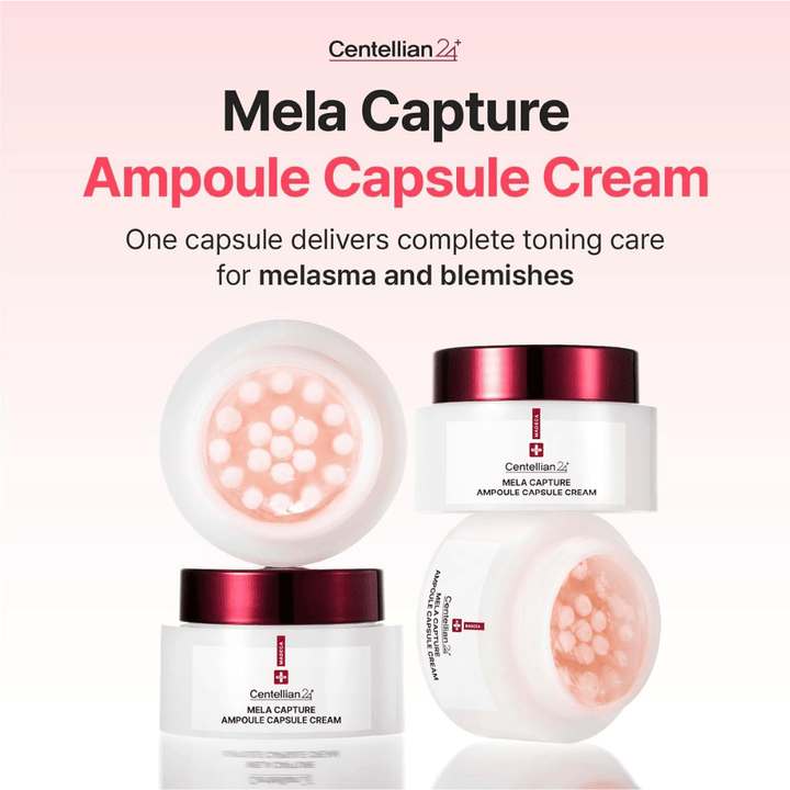 Image du produit Centellian24 Madeca Mela Capture Ampoule Capsule Cream mettant l’accent sur les capsules d’ampoule et la formule développée pour le soin du teint irrégulier et de la pigmentation.