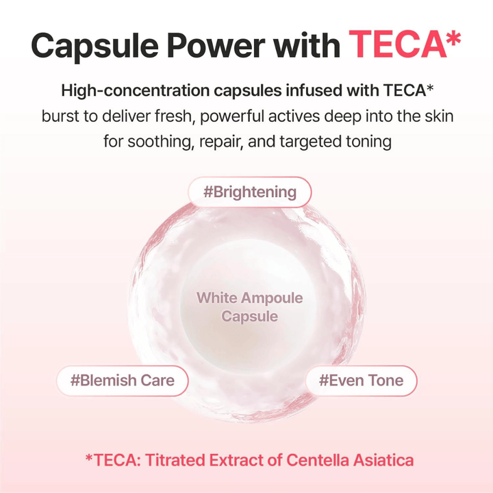 Image des ingrédients montrant des capsules d’ampoule enrichies en TECA (extrait de Centella Asiatica) pour aider à apporter de l’éclat, un teint plus uniforme et le soin des taches pigmentaires.