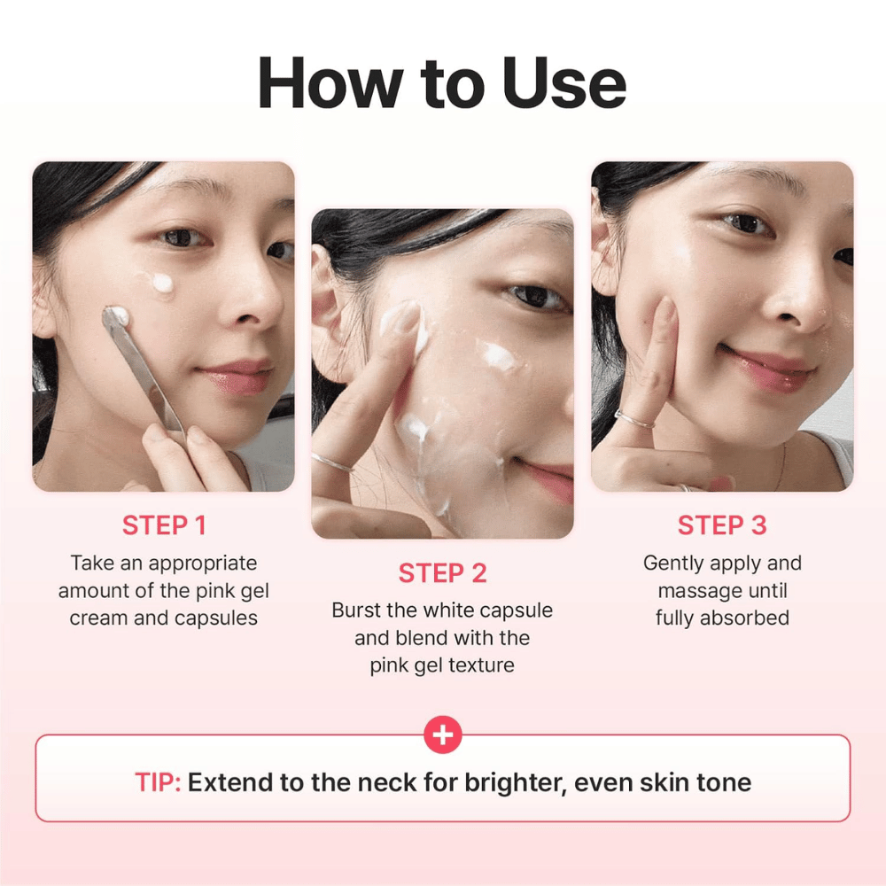Guide étape par étape montrant comment appliquer Centellian24 Madeca Mela Capture Ampoule Capsule Cream en mélangeant les capsules avec la crème-gel et en massant jusqu’à absorption complète du produit.