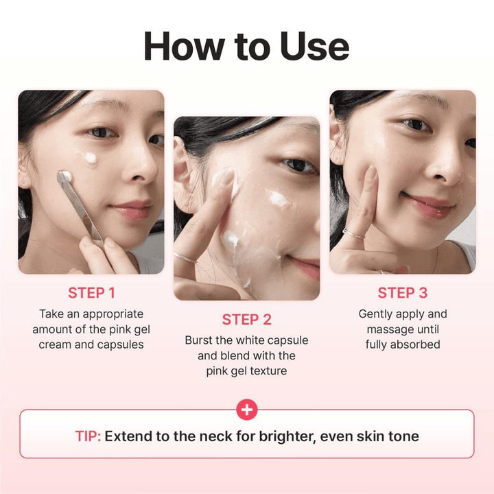 Guide étape par étape montrant comment appliquer Centellian24 Madeca Mela Capture Ampoule Capsule Cream en mélangeant les capsules avec la crème-gel et en massant jusqu’à absorption complète du produit.