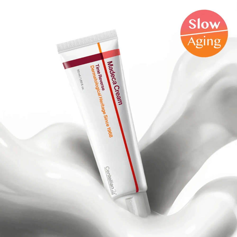 Centellian24 Madeca Cream Time Reverse en texture crème avec un message slow-aging, développée pour apaiser la peau, réduire les irritations et soutenir le processus naturel de réparation de la peau.