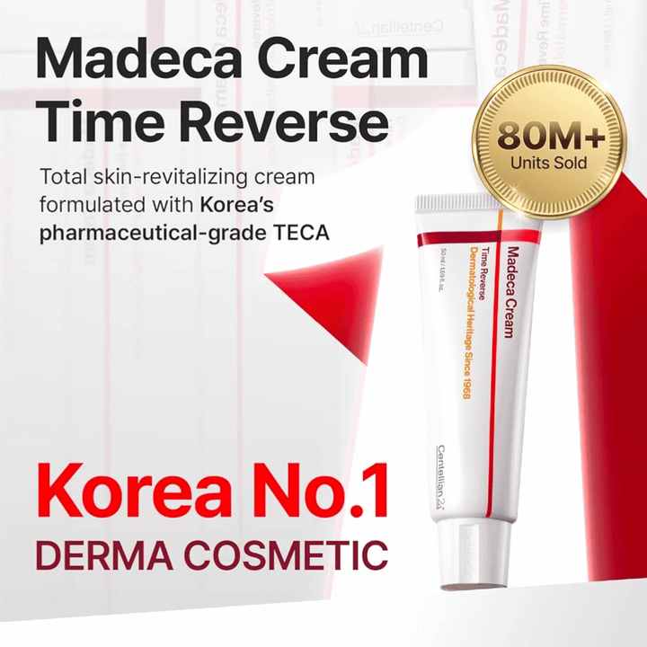 Centellian24 Madeca Cream Time Reverse est présentée comme la crème derma leader de Corée avec TECA, plus de 80 millions d'unités vendues et un accent sur le renouvellement de la peau et le renforcement de la barrière.