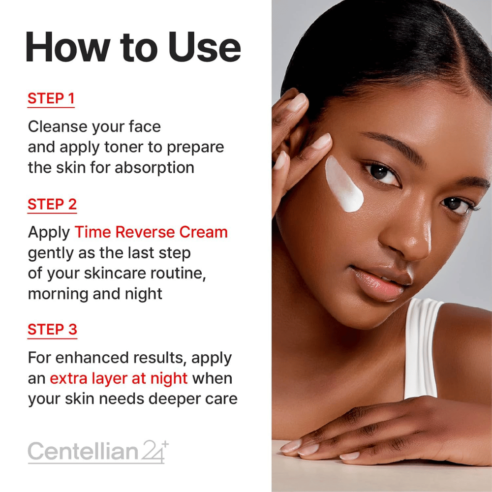 Image d'instruction montrant comment Centellian24 Madeca Cream Time Reverse est utilisée dans la routine de soins de la peau – appliquée comme dernière étape matin et soir pour apaiser, renforcer et restaurer la peau.