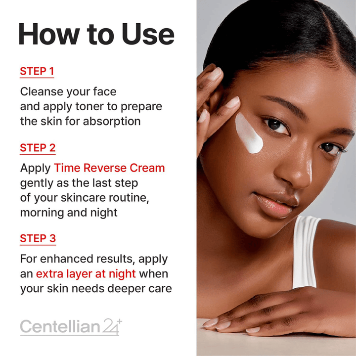 Image d'instruction montrant comment Centellian24 Madeca Cream Time Reverse est utilisée dans la routine de soins de la peau – appliquée comme dernière étape matin et soir pour apaiser, renforcer et restaurer la peau.
