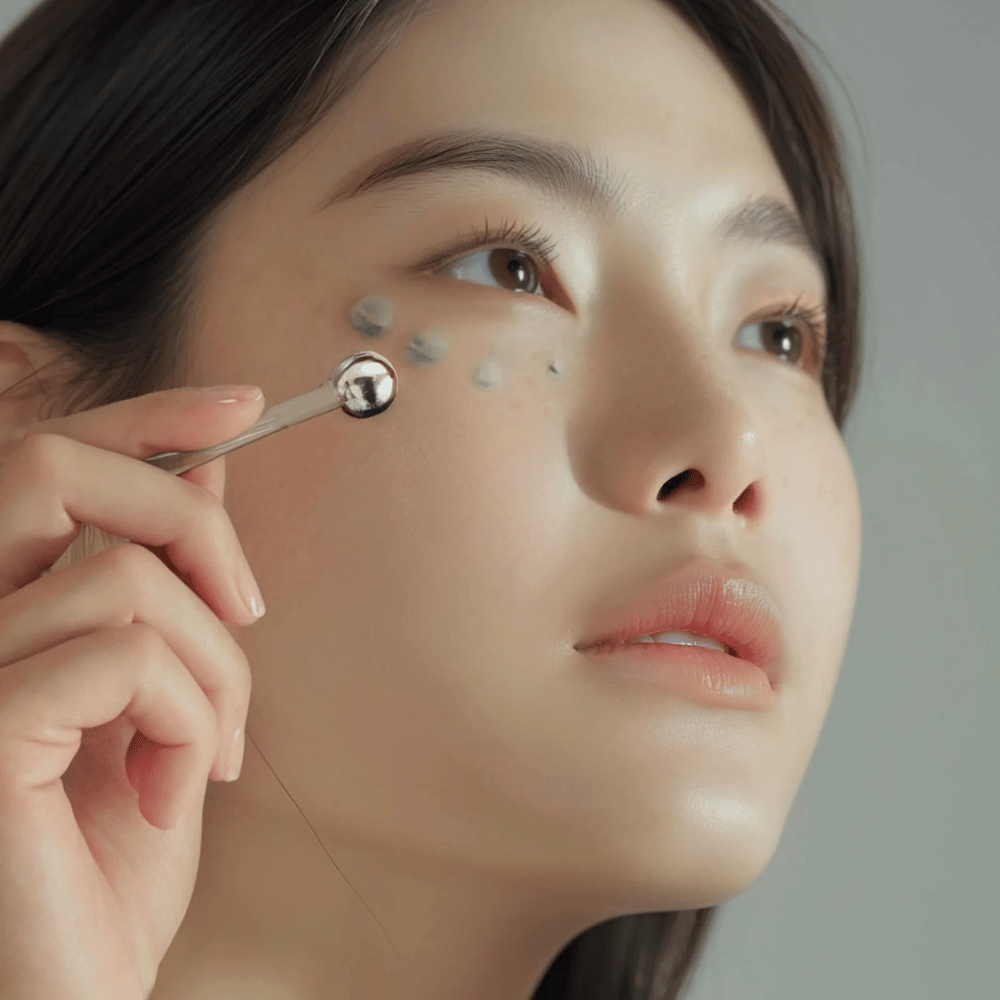 Une femme applique Heimish Marine Care Algae + Peptide Eye Cream sous l'œil avec un applicateur en métal pour un effet rafraîchissant et vivifiant. La crème aide à hydrater et à réduire les signes de l'âge autour des yeux.