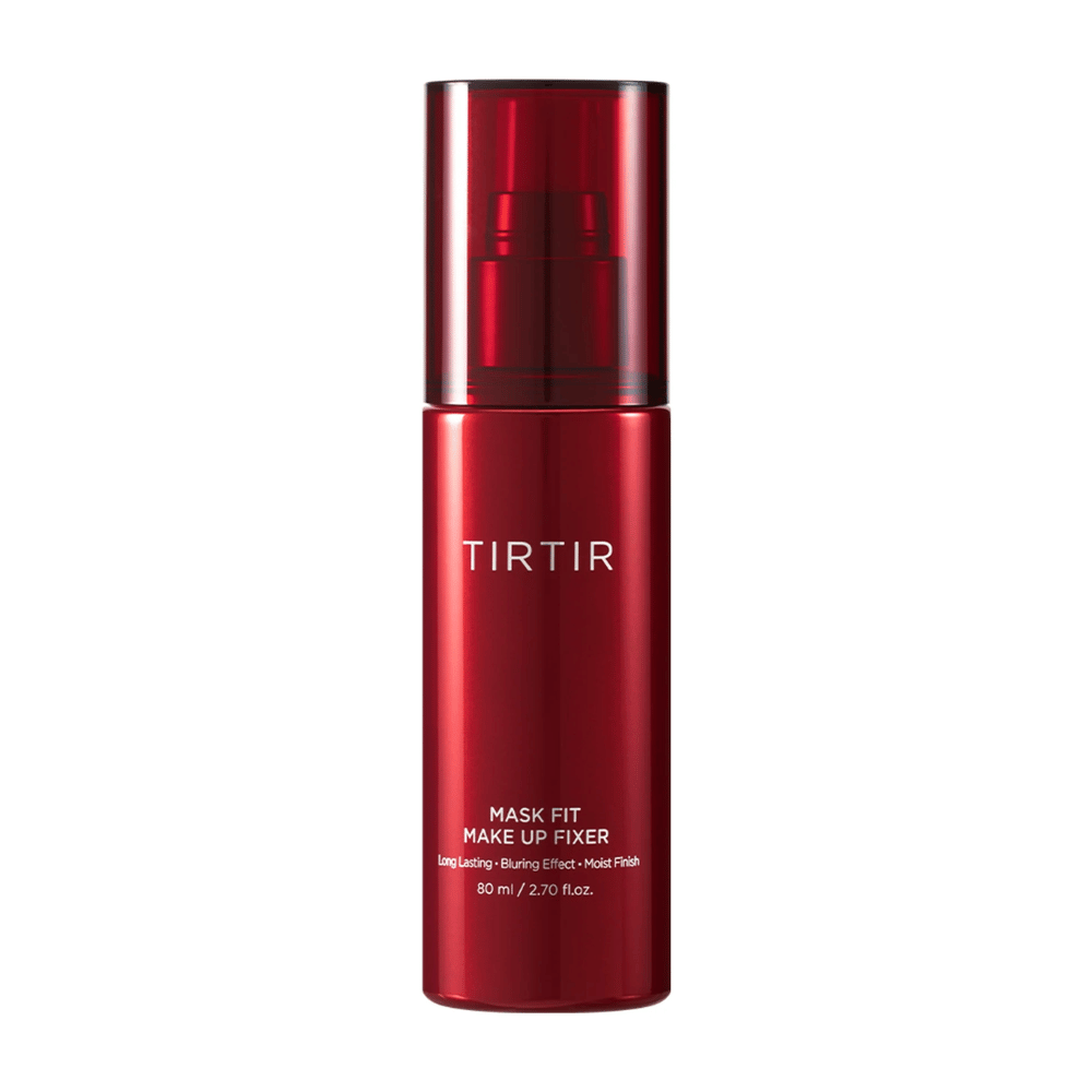 Une bouteille rouge TIRTIR Mask Fit Make Up Fixer sur fond blanc, conçue pour une fixation longue durée du maquillage avec un effet flouté et une finition humide.