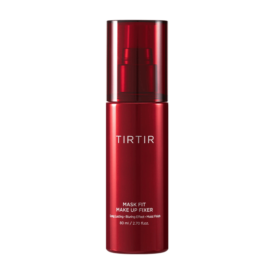 Une bouteille rouge TIRTIR Mask Fit Make Up Fixer sur fond blanc, conçue pour une fixation longue durée du maquillage avec un effet flouté et une finition humide.