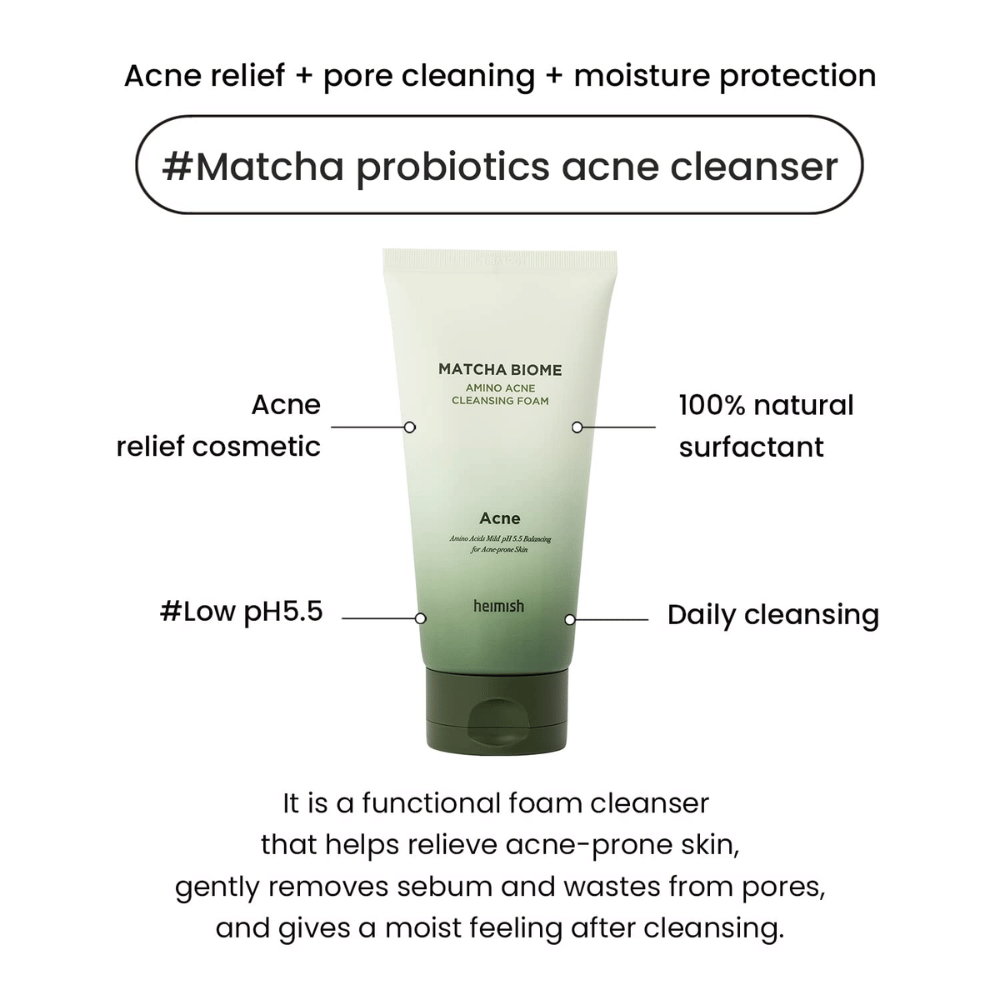 Heimish Matcha Biome Amino Acne Cleansing Foam pH bas 5.5 – nettoyant pour l'acné qui nettoie les pores, réduit le sébum et hydrate la peau