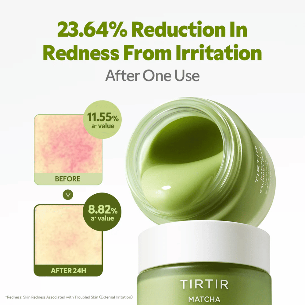 TIRTIR Matcha Calming Cream avec des céramides, du panthénol et des peptides qui hydratent, renforcent la barrière cutanée et améliorent l’élasticité de la peau.