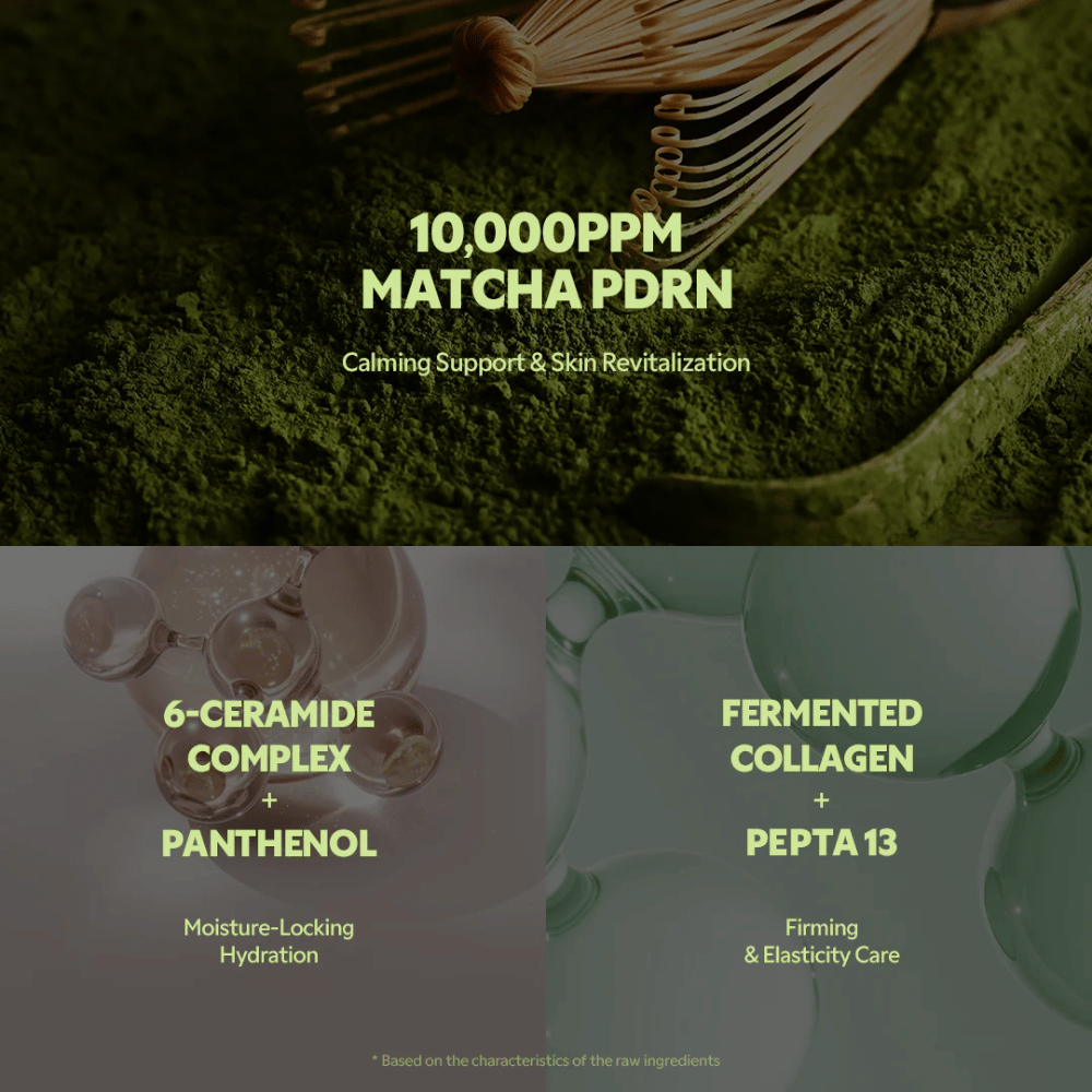 Matcha PDRN 10 000 ppm dans TIRTIR Matcha Calming Cream qui apaise les irritations, renforce la peau et procure un effet revitalisant.