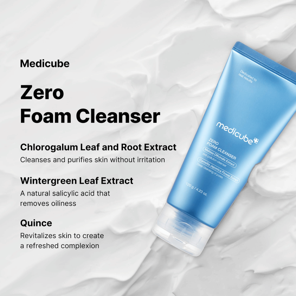 Medicube Zero Foam Cleanser – un nettoyant visage doux et profond.

🌿 Extrait de Chlorogalum – Nettoie et purifie la peau sans irritation.
🍃 Extrait de Wintergreen – Acide salicylique naturel qui équilibre la production de sébum.
🍏 Extrait de coing – Revitalise la peau et lui donne un éclat frais.

Parfait pour une peau propre, équilibrée et rafraîchie !