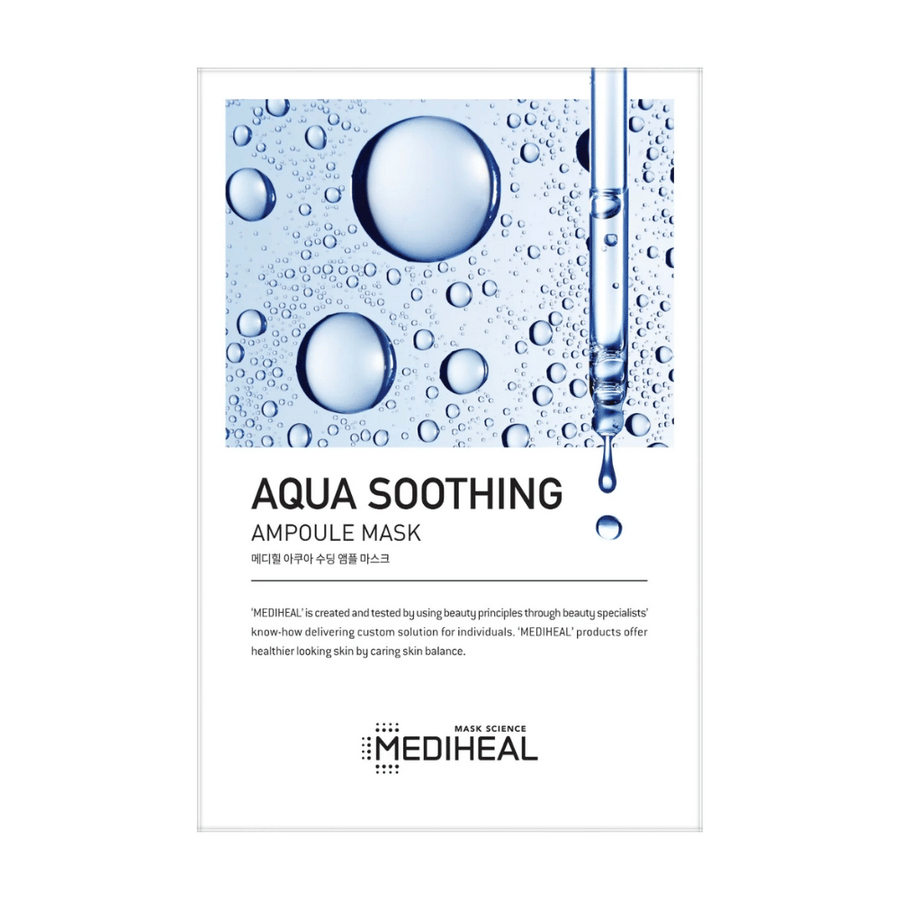 Un emballage de MEDIHEAL AQUA SOOTHING AMPOULE MASK avec une image graphique de gouttes d'eau et une pipette libérant une goutte, le tout sur un fond blanc. Le logo de la marque MEDIHEAL est visible dans la partie inférieure de l'image.