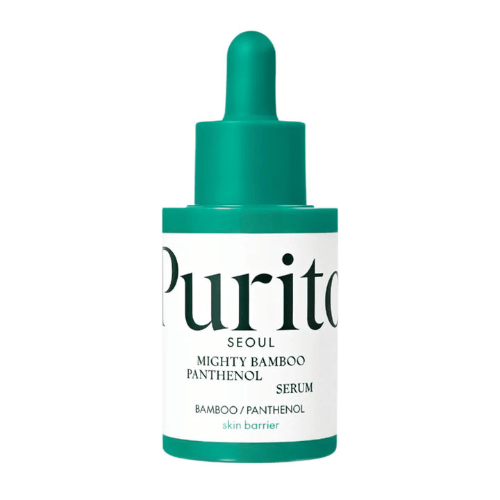 Purito Mighty Bamboo Panthenol Serum – flacon vert minimaliste avec sérum nourrissant pour peau sensible et sèche.