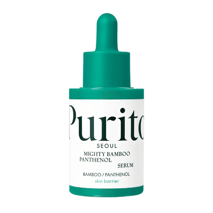 Purito Mighty Bamboo Panthenol Serum – flacon vert minimaliste avec sérum nourrissant pour peau sensible et sèche.