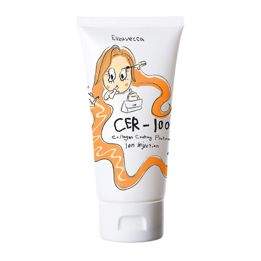 Image du produit Elizavecca CER-100 Collagen Coating Protein Ion Injection avec un design illustré et des détails orange.