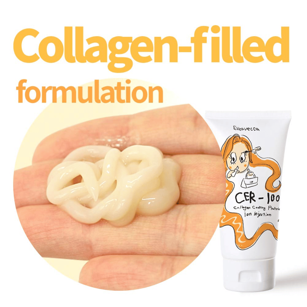 Gros plan sur un soin capillaire crémeux à la formule au collagène avec le tube du produit de Elizavecca.
