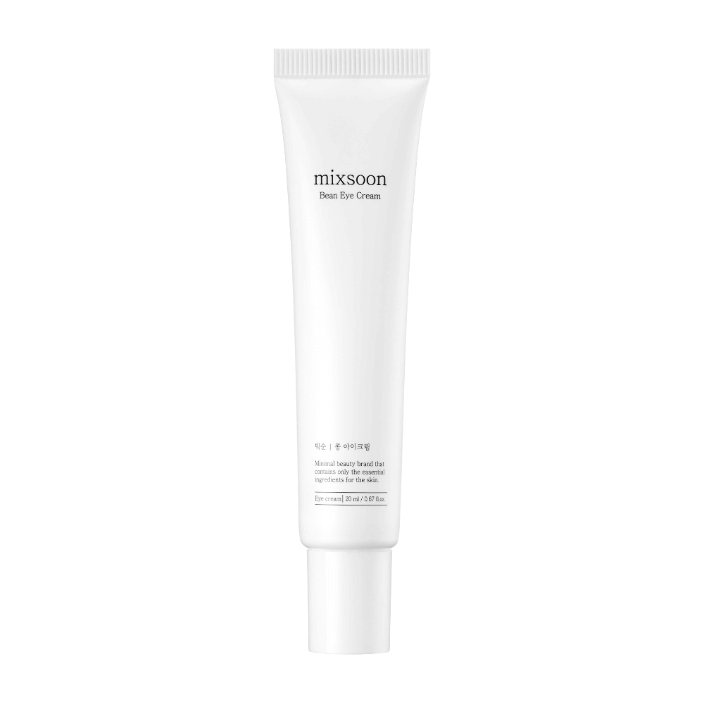 Un tube blanc de crème pour les yeux de Mixsoon, marqué 'Bean Eye Cream', sur un fond entièrement blanc.