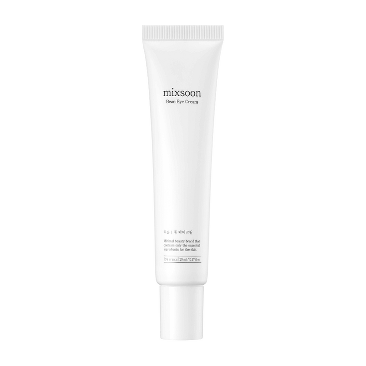 Un tube blanc de crème pour les yeux de Mixsoon, marqué 'Bean Eye Cream', sur un fond entièrement blanc.