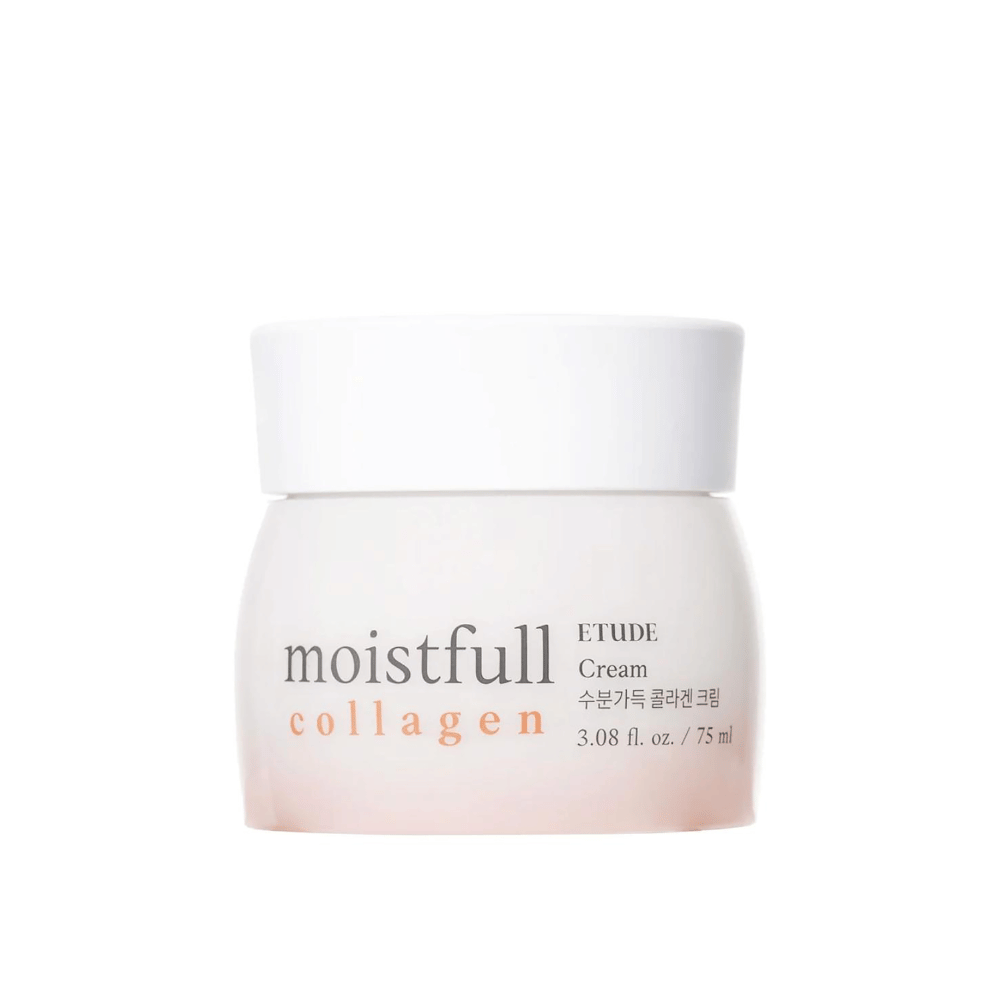 Un pot avec "Moistfull Collagen Cream" de ETUDE, fond blanc.