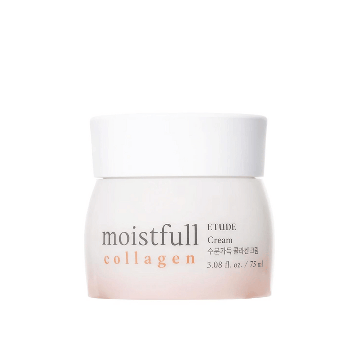 Un pot avec "Moistfull Collagen Cream" de ETUDE, fond blanc.