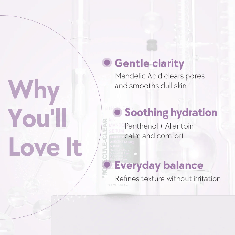 Graphique avec texte expliquant les avantages de Nine Less Molecule-Clear 5% Mandelic Acid Serum : clarté douce, hydratation apaisante et équilibre quotidien pour la peau.