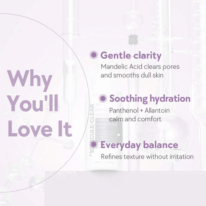Graphique avec texte expliquant les avantages de Nine Less Molecule-Clear 5% Mandelic Acid Serum : clarté douce, hydratation apaisante et équilibre quotidien pour la peau.