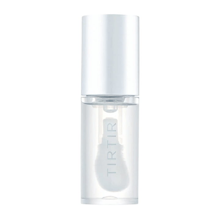 TIRTIR My Glow Lip Oil dans une bouteille transparente avec un couvercle blanc et un design minimaliste, détaché sur fond blanc.