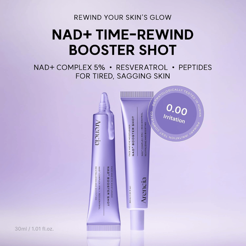 Arencia NAD+ Booster Shot avec 5 % de complexe NAD+, du resvératrol et des peptides – crème visage testé dermatologiquement pour les peaux fatiguées et matures.
