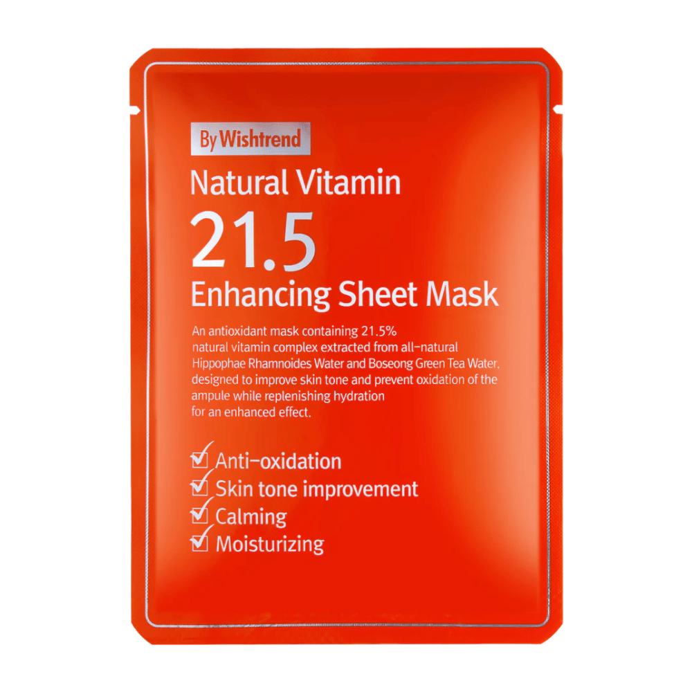 By Wishtrend Natural Vitamin 21.5% Enhancing Masque tissu dans un emballage rouge avec du texte blanc, mettant en avant ses propriétés antioxydantes et hydratantes.