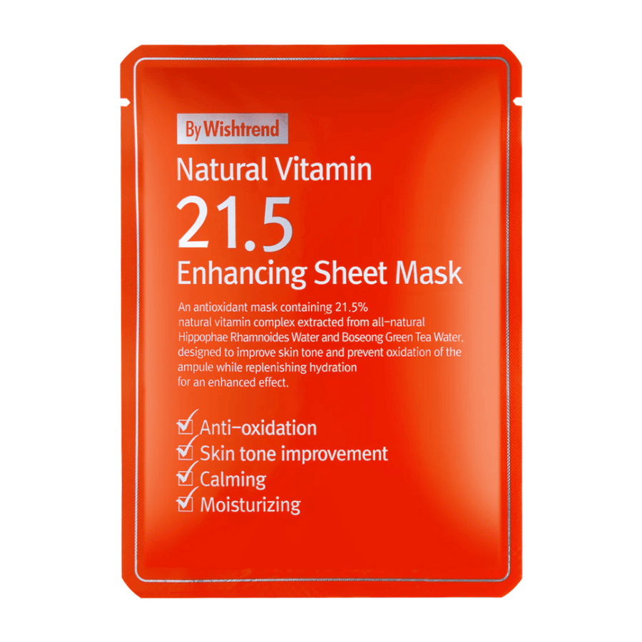 By Wishtrend Natural Vitamin 21.5% Enhancing Masque tissu dans un emballage rouge avec du texte blanc, mettant en avant ses propriétés antioxydantes et hydratantes.