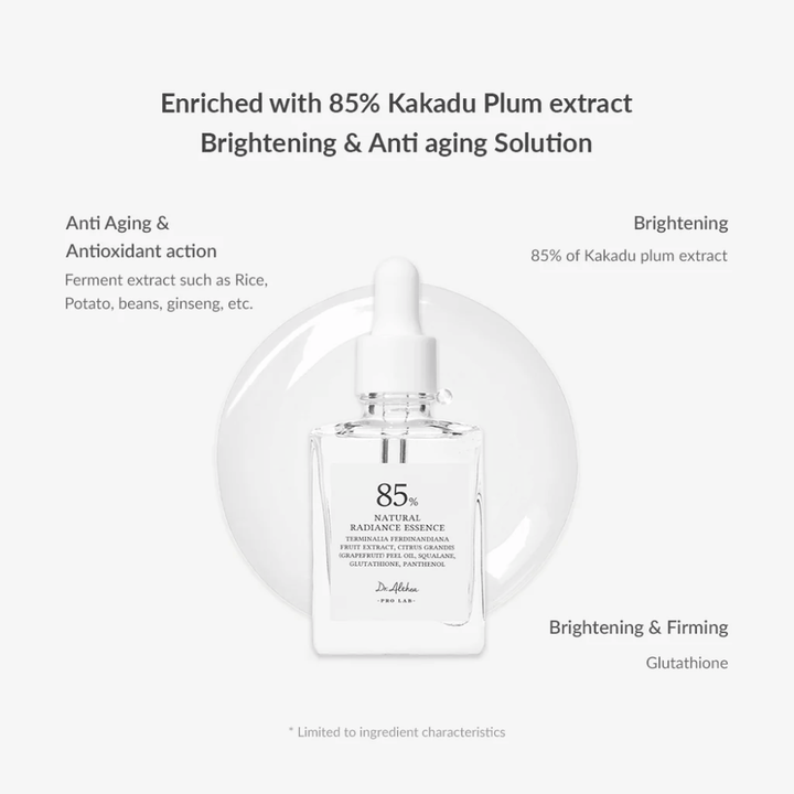 Dr. Althea Natural Radiance Essence avec de la prune Kakadu et des antioxydants qui améliorent l'élasticité de la peau, réduisent la pigmentation et raffermissent la peau.