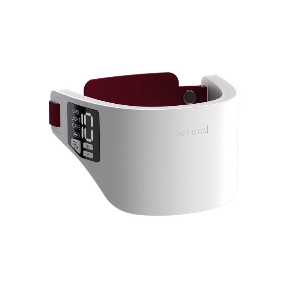 Beaund Neckcera avec la sangle réglable montée. L’image montre comment l’appareil s’adapte pour rester stable autour du cou pendant l’utilisation.