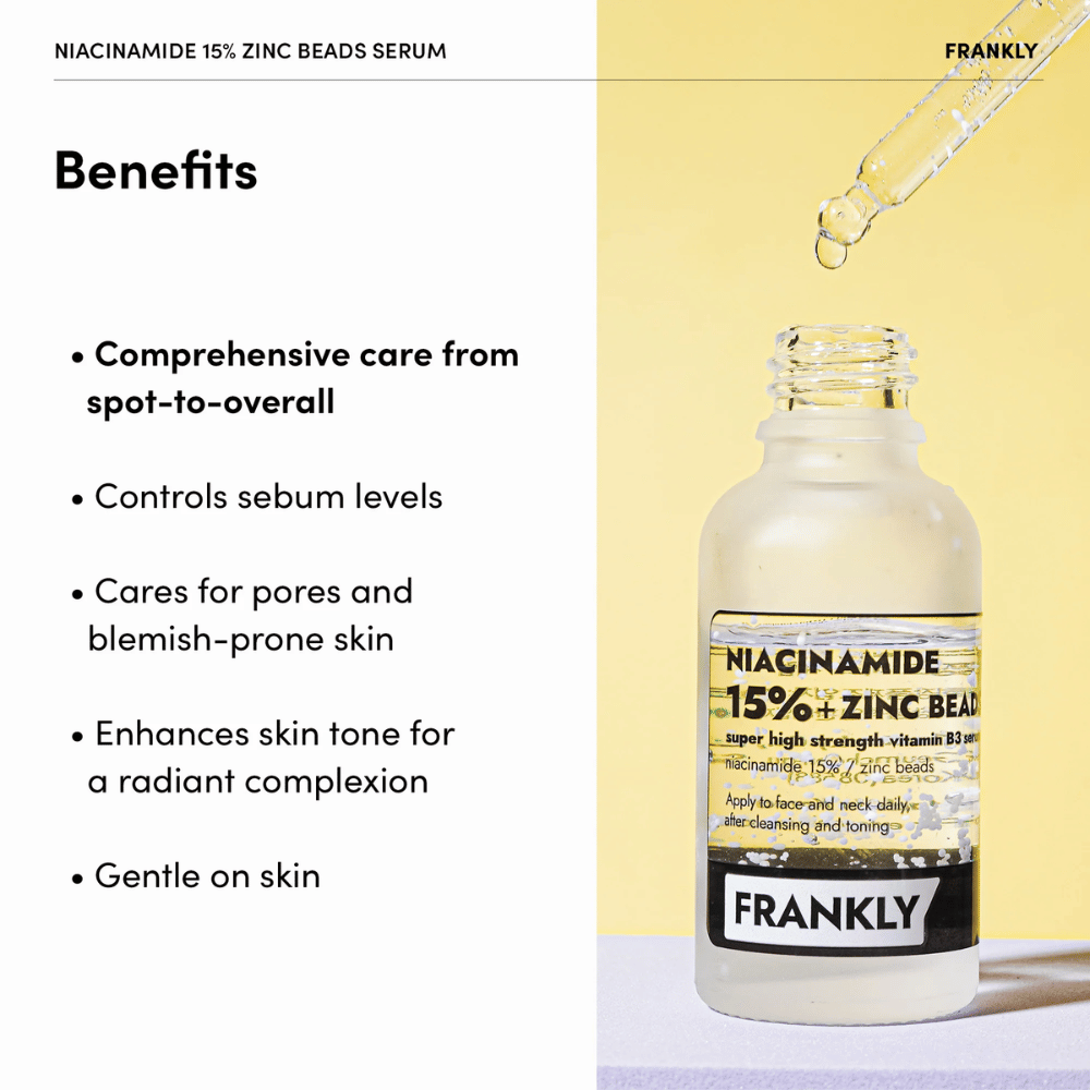 Bouteille de FRANKLY Niacinamide 15% + Zinc Beads Serum sur fond jaune. Le texte liste Avantages : équilibre le sébum, réduit les pores et unifie le teint.