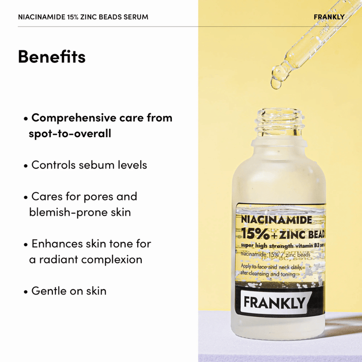 Bouteille de FRANKLY Niacinamide 15% + Zinc Beads Serum sur fond jaune. Le texte liste Avantages : équilibre le sébum, réduit les pores et unifie le teint.