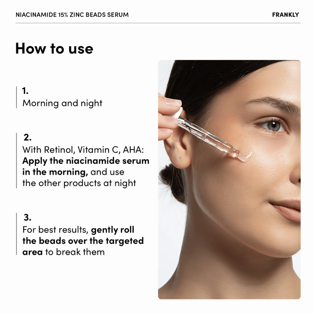 Une femme applique le sérum FRANKLY Niacinamide 15% + Zinc Beads Serum avec une pipette sur la joue. Le texte explique l'utilisation matin et soir ainsi que le massage doux des perles.
