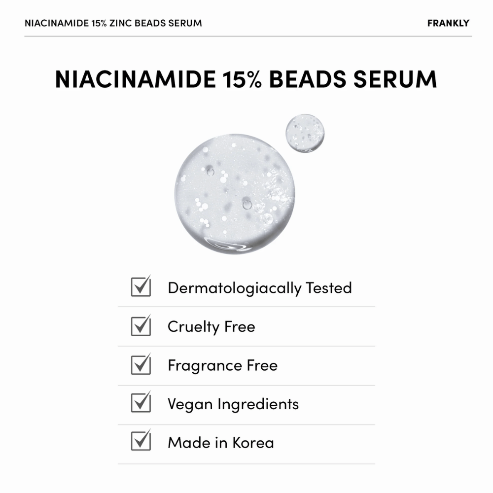 Gel clair avec des perles blanches dans le FRANKLY Niacinamide 15% + Zinc Beads Serum. Le texte indique que le produit est vegan, sans parfum et testé dermatologiquement.