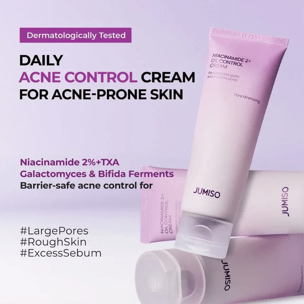 Image marketing de JUMISO Niacinamide 2+ Oil Control Cream mettant l’accent sur les soins quotidiens pour les peaux à tendance acnéique. Le texte décrit des ingrédients tels que la niacinamide, l’acide tranexamique, les galactomyces et le ferment de bifida, qui aident à contrôler le sébum et à renforcer la barrière cutanée.