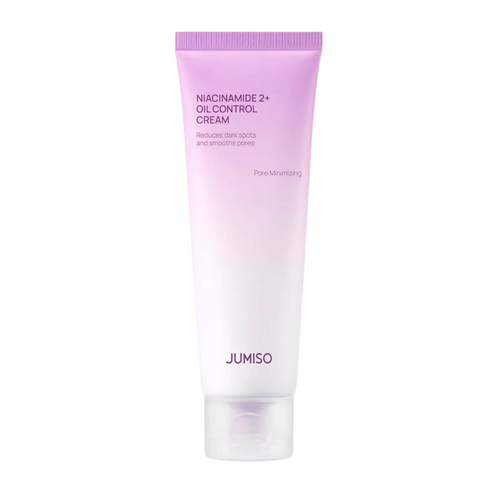 Image du produit de JUMISO Niacinamide 2+ Oil Control Cream sur fond clair. Le tube rose et blanc met en avant l’accent du produit sur le contrôle du sébum, la réduction des pores et l’amélioration du teint pour les peaux grasses et mixtes.