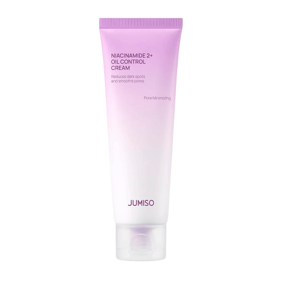 Image du produit de JUMISO Niacinamide 2+ Oil Control Cream sur fond clair. Le tube rose et blanc met en avant l’accent du produit sur le contrôle du sébum, la réduction des pores et l’amélioration du teint pour les peaux grasses et mixtes.