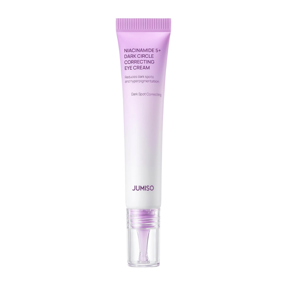 5. Jumiso Niacinamide 5+ Dark Circle Correcting Eye Cream – tube violet et blanc avec applicateur transparent sur fond blanc
