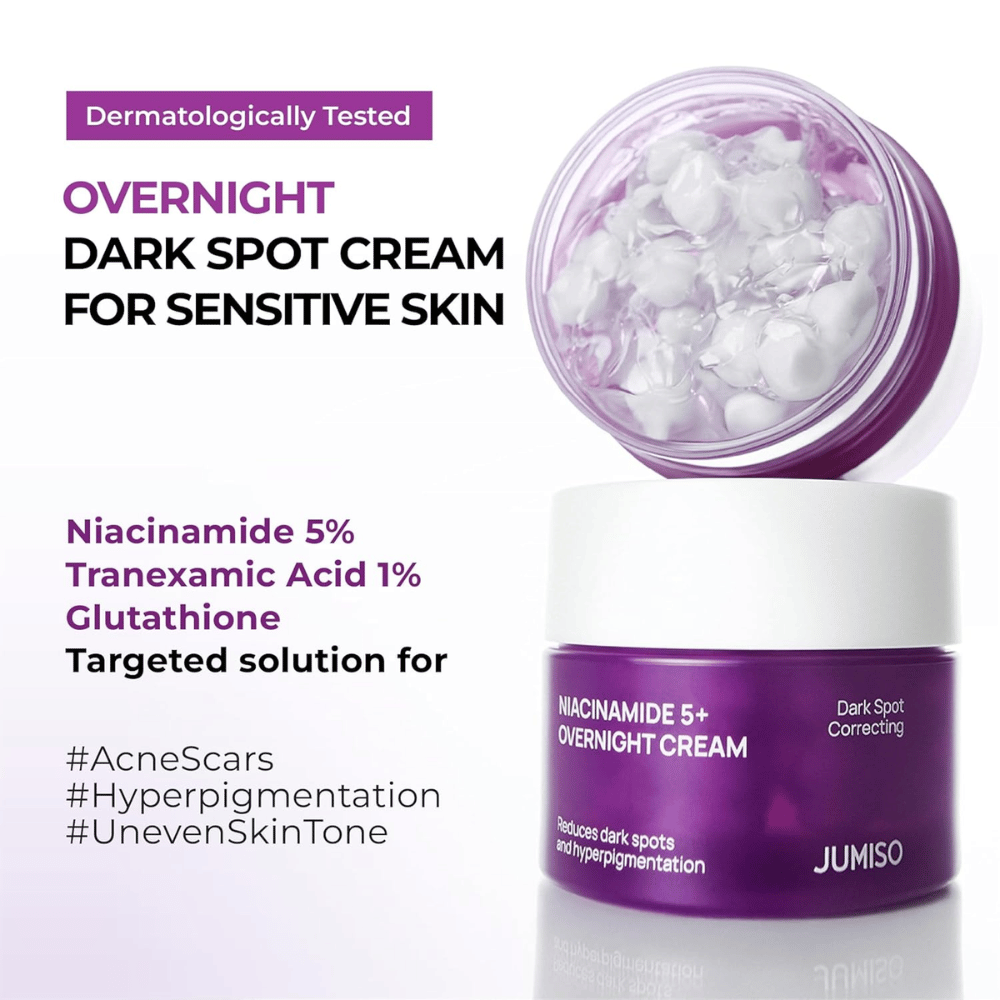 JUMISO Niacinamide 5+ Overnight Cream avec pot ouvert montrant la texture gel en capsules. L’image met en avant des ingrédients comme la niacinamide 5 %, l’acide tranexamique 1 % et le glutathion pour la pigmentation et le teint irrégulier.
