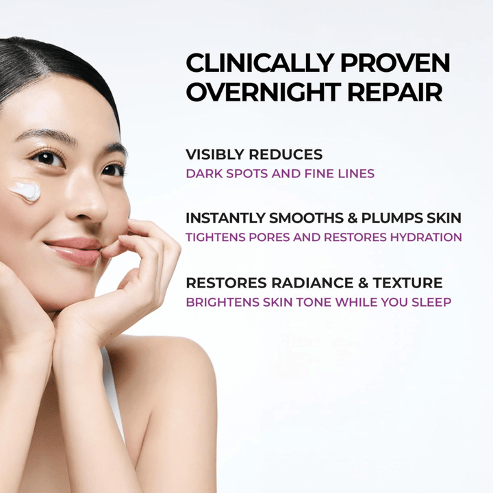 Le modèle applique JUMISO Niacinamide 5+ Overnight Cream sur la joue. L’image met en valeur les propriétés nourrissantes de la crème de nuit pour améliorer l’éclat, l’hydratation et la texture de la peau pendant la nuit.