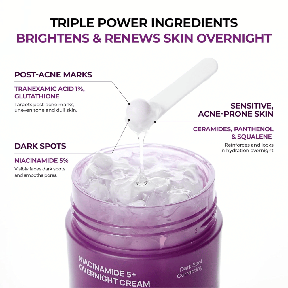 Gros plan de JUMISO Niacinamide 5+ Overnight Cream avec gel en capsules et ingrédients actifs comme la niacinamide, l’acide tranexamique, le glutathion, les céramides, le panthénol et squalane pour l’éclat et l’hydratation.