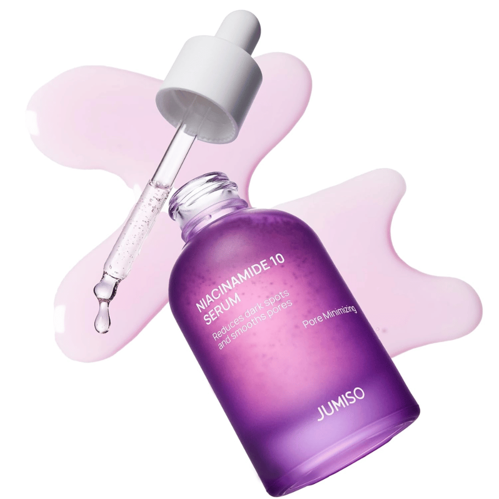 Jumiso Niacinamide 10 Serum avec pipette. Le sérum contient 10 % de niacinamide qui réduit les taches sombres, équilibre le sébum et affine les pores.