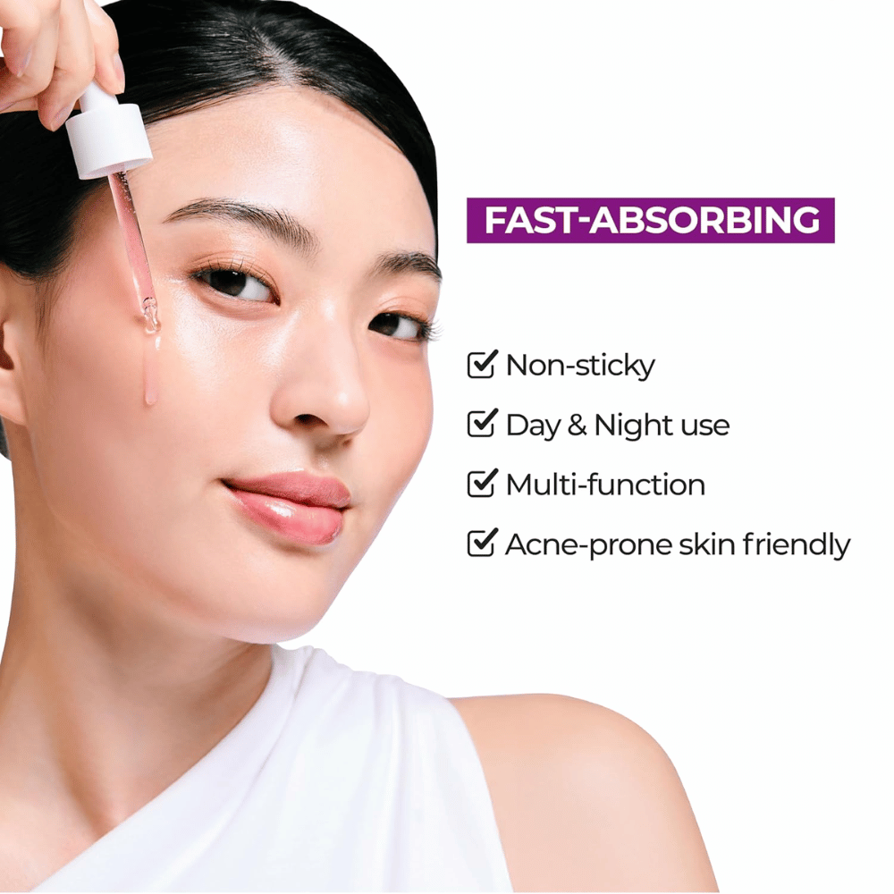 Une femme applique Jumiso Niacinamide 10 Serum. Formule à absorption rapide, non collante, pour une utilisation de jour et de nuit, parfaite pour les peaux sujettes à l'acné.