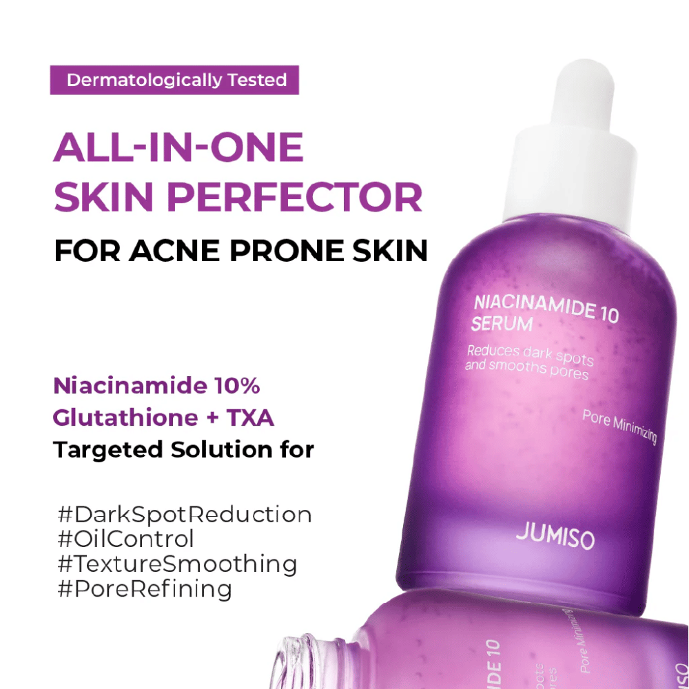 Jumiso Niacinamide 10 Serum – un sérum tout-en-un pour les peaux sujettes à l'acné avec 10 % de niacinamide, glutathion et TXA qui réduit les taches sombres et les pores.