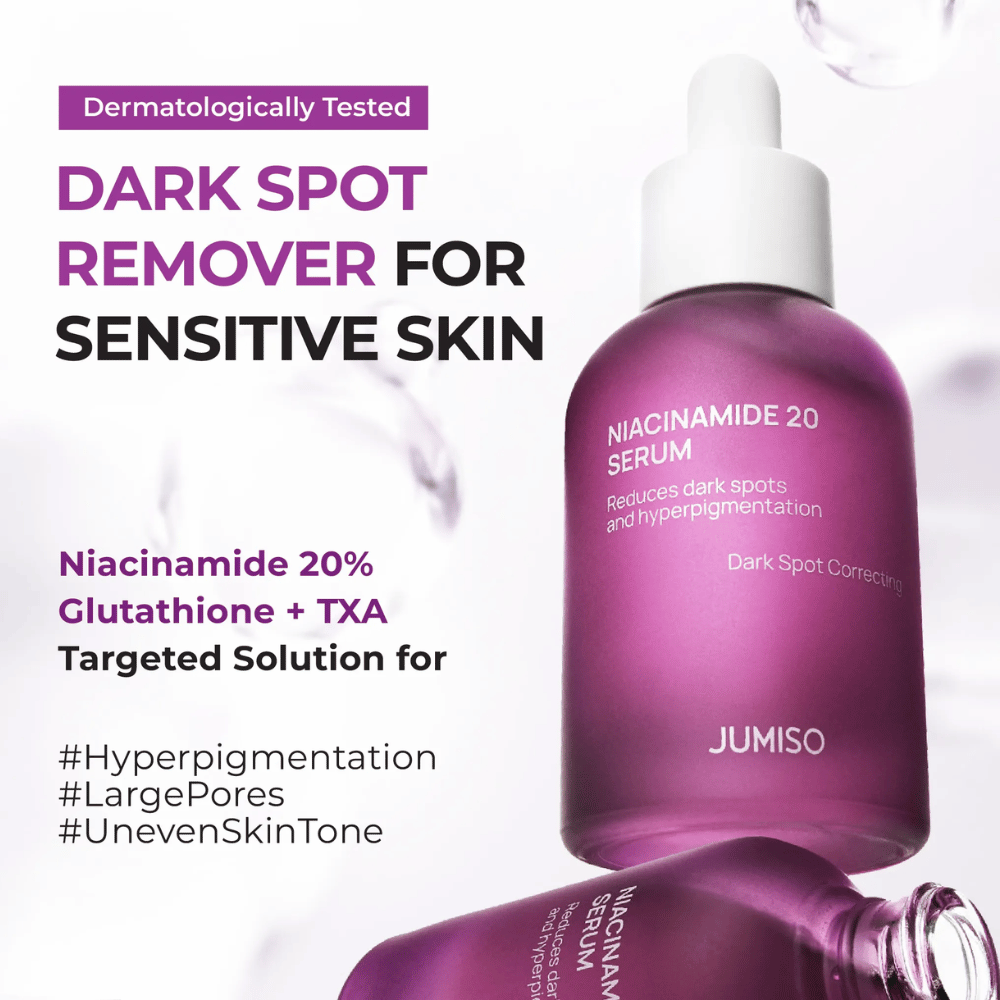Jumiso Niacinamide 20 Serum – sérum puissant avec 20 % de niacinamide, glutathion et TXA qui réduit les taches sombres et l'hyperpigmentation, même pour les peaux sensibles.