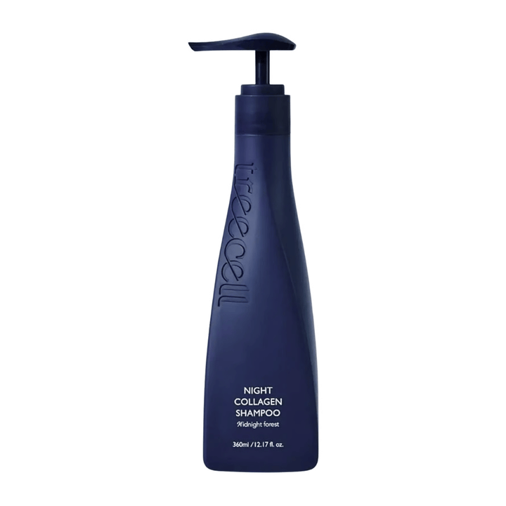 Image produit détourée et épurée de Treecell Night Collagen Shampoo Midnight Forest sur fond clair, avec un focus sur le design minimaliste et une sensation premium.