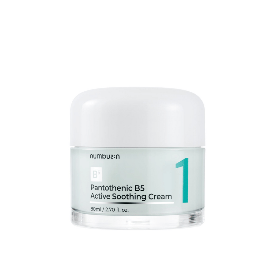 Numbuzin No.1 Pantothenic B5 Active Soothing Cream 80 ml dans un pot vert clair avec un couvercle blanc et un chiffre 1 bien visible imprimé sur le devant.