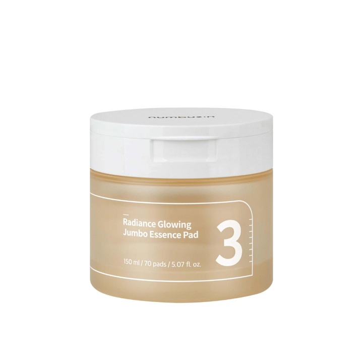 Image du produit sur un pot fermé avec numbuzin No. 3 Radiance Glowing Jumbo Essence Pad, 150 ml / 70 tampons.